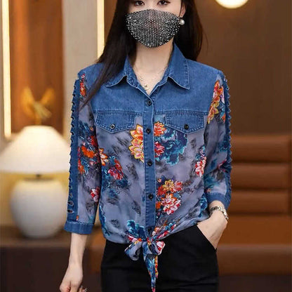 Camisa vaquera de manga 3/4 con estampado floral y patchwork para mujer