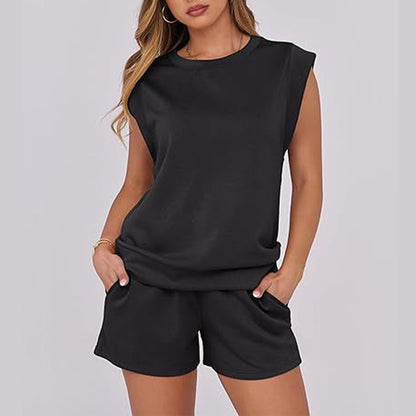 2-teiliges Set mit Oberteil mit Flügelärmeln und Rundhalsausschnitt und Shorts mit Kordelzug für Damen