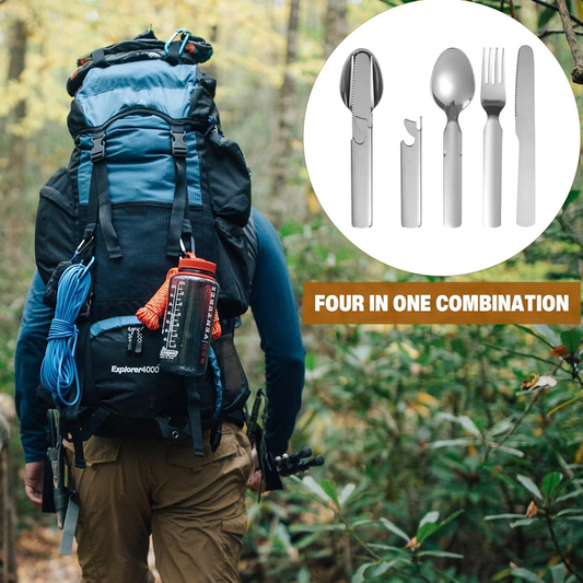 🥄 4-in-1 tragbares Besteckset aus Edelstahl – Gabel, Löffel, Messer + Flaschenöffner, kompakt & leicht für Picknick und Reisen